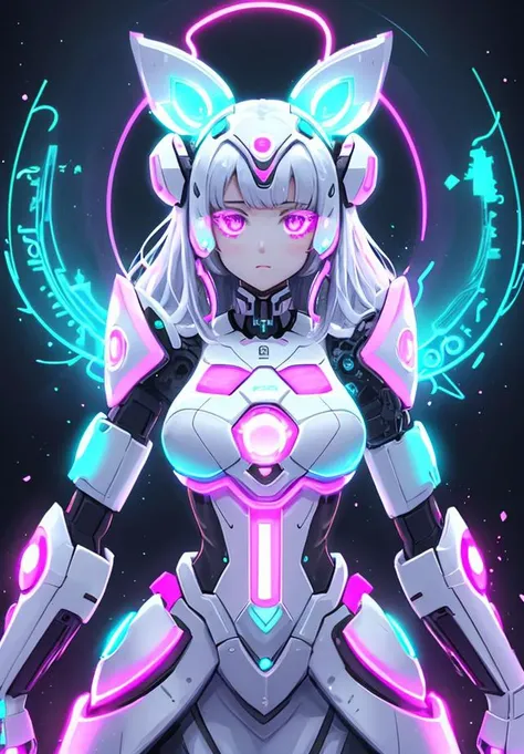 (biorobot girl:1.2),cute face,long hair,frilly hairstyle,(full),white glass dress,torso,body,sfw, digital painting, artstation, illustration, concept art,8k,ultra-detailed,highres,(best quality, masterpiece:1.2),(multicolor neon light:1.3),soft particles o...