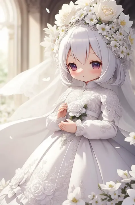 white flower wedding, ((best quality)), ((masterpiece)), ( extreme detailed, highest detailed, official art, beautiful and aesthetic:1.2), depth of field, composition, FULL BODY, (CHIBI),, (beautiful and detailed eye:1) crowded background, elegant