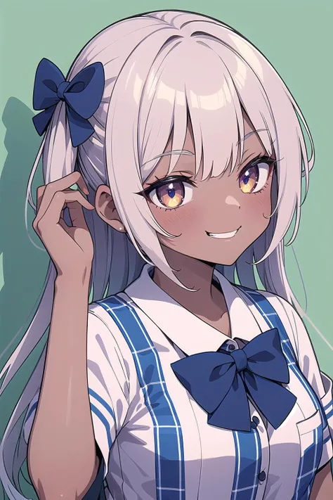 anime girl with long white hair and blue bow tie