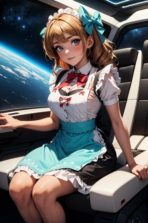 anime girl sitting in a car with a view of the earth