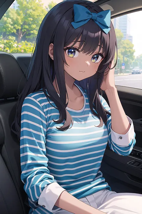 anime girl sitting in a car with a blue bow on her head