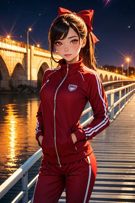 arafed asian woman in red tracksuit posing on a bridge