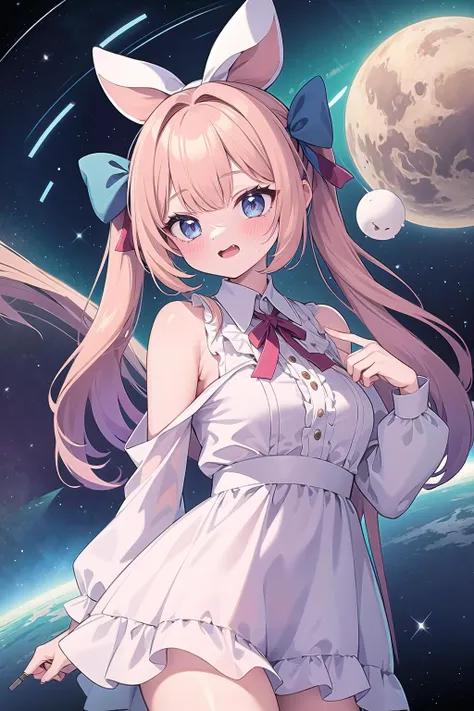 anime girl with long hair and a white dress in front of a planet