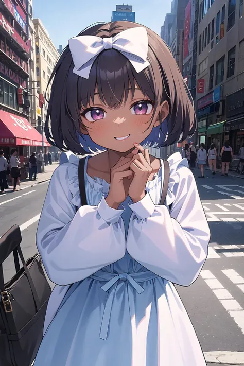 anime girl in a white dress standing on a city street