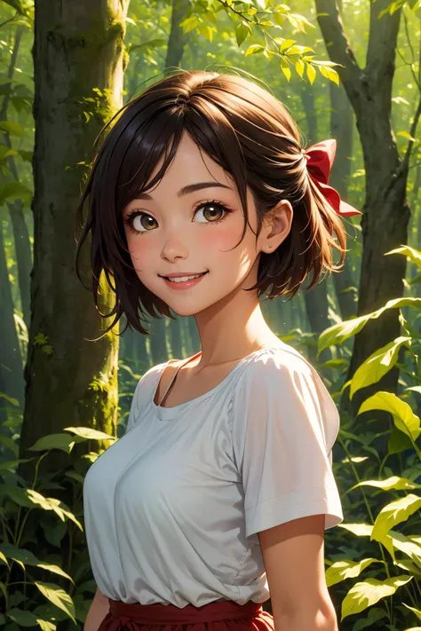 anime girl in the woods with a red bow