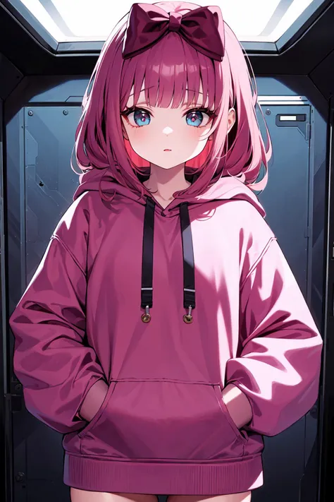 anime girl in a pink hoodie standing in front of a door