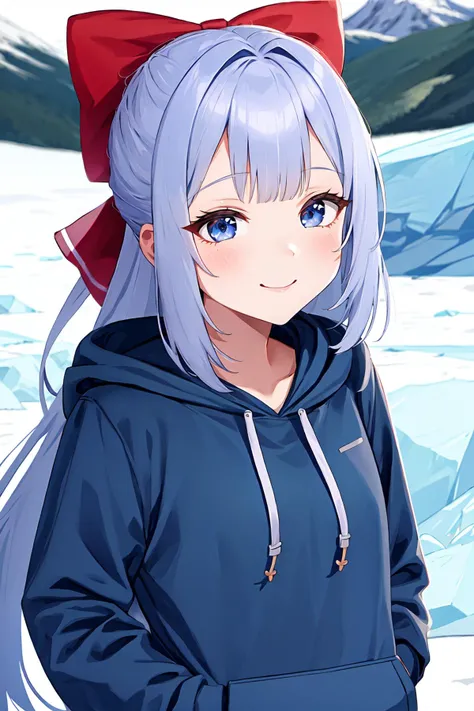 anime girl with blue eyes and a red bow on her head