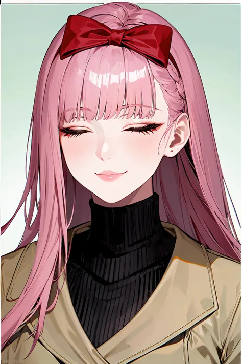 best quality, ultra-detailed, (1girl, solo, <lyco:hair_bow_front_of_head-v1:1>, hrbwonfoh, hair bow,  turtleneck ,,  , closed eyes smile:1.2, ), on the red carpet