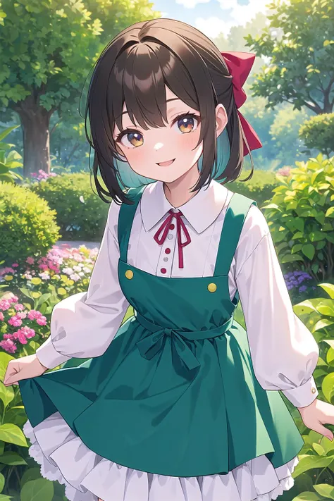 anime girl in green dress standing in a garden with flowers