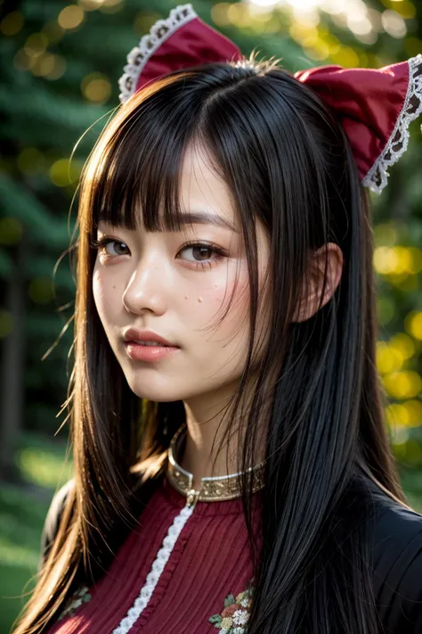 arafed asian woman with long hair wearing a red dress and a red bow