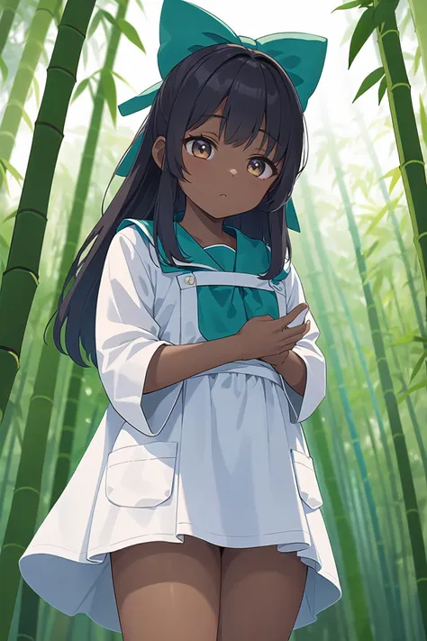 anime girl in white dress standing in bamboo forest with green bow