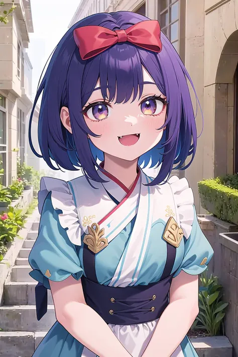 anime girl with purple hair and blue dress standing on steps