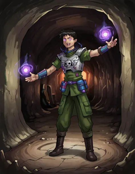 a cartoon image of a man in a green outfit holding two purple balls