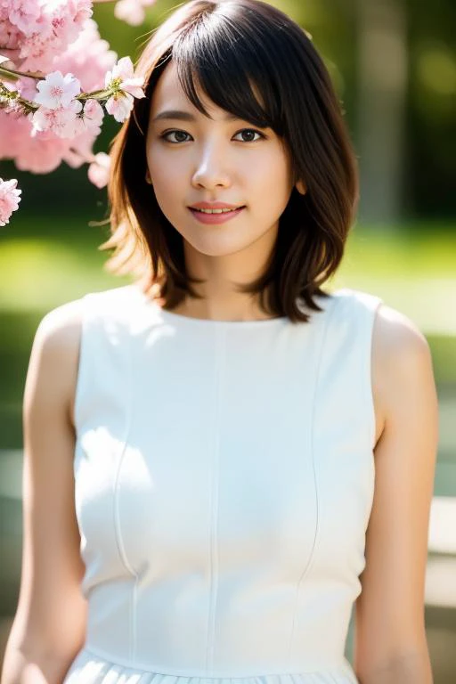 a woman in a white dress standing next to a tree