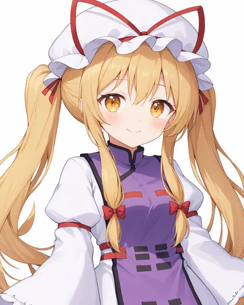 yakumo yukari,1girl, solo, white_background, simple_background, smile, tabard, mob_cap, white_headwear, wide_sleeves, long_sleeves, red_ribbon, hat_ribbon, alternate_hairstyle, ribbon-trimmed_sleeves, closed_mouth, white_dress, hair_ribbon, twintails, look...