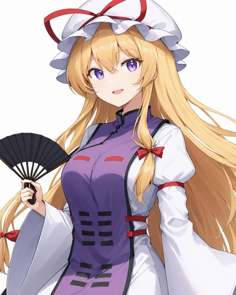 yakumo yukari,1girl, gap_(touhou), solo, tabard, mob_cap, looking_at_viewer, long_sleeves, road_sign, upper_body, smile, hat_ribbon, open_mouth, wide_sleeves, folding_fan, white_background, white_headwear, holding_fan, white_dress, red_ribbon, breasts, sim...