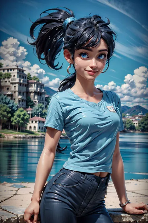 best quality, high detail, (detailed face), detailed blue eyes, masterpiece, woman, athletic, blue t-shirt, short sleeves, yoga pants, (arms at side:1.2), ponytail, blunt bangs, black hair, straight-on, standing, flat chest, outdoors, looking at viewer, sm...