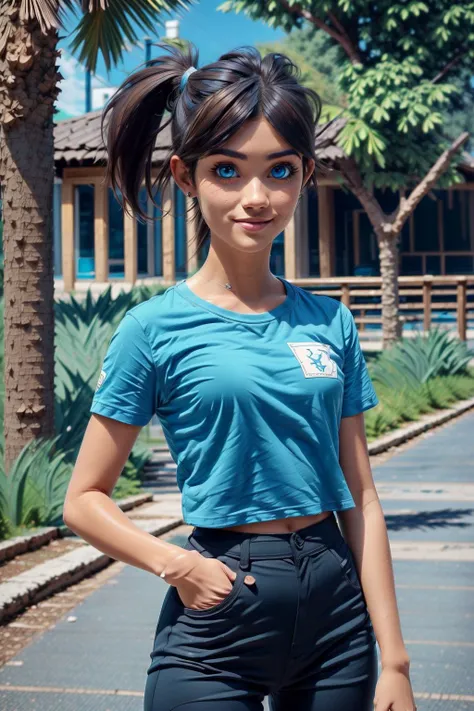 best quality, high detail, (detailed face), detailed blue eyes, masterpiece, ((tanned girl)), blue t-shirt, short sleeves, yoga pants, (arms at side:1.2), flat chest, ponytail, blunt bangs, black hair, straight-on, standing, outdoors, looking at viewer, sm...