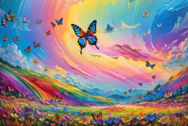 painting of a colorful landscape with butterflies flying over the hills