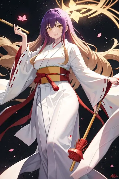 best quality, masterpiece, highres, solo, {white kimono:1.35}, {red hakama:1.35}, {wide sleeves:1.20}, {hijiri_byakuren_touhou:1.15}, multicolored_hair, gradient_hair, long_hair, purple_hair, blonde_hair, yellow_eyes, smile, brown_hair, breasts