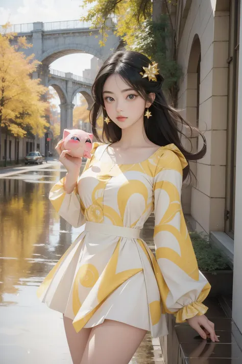 a woman in a yellow and white dress standing next to a body of water