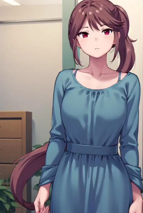 osananajimimei, <lora:osananajimimei-lora-nochekaiser:1>,
osananajimi mei, long hair, brown hair, ponytail, sidelocks, (red eyes:1.5),
BREAK dress, collarbone, blue dress,
BREAK indoors,
BREAK looking at viewer, (cowboy shot:1.5),
BREAK <lyco:GoodHands-bet...