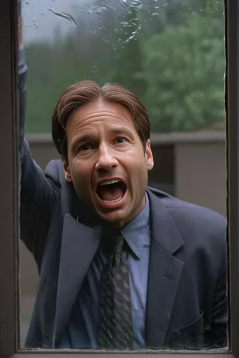 foxmulder, knocking on a thick glass window, screaming, highly detailed, realistic, urgent,
 <lora:FoxMulderXL:1>