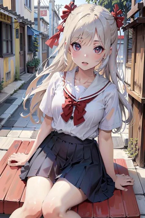 best quality,(realistic,photo-realistic:1.4),[bamboo leaf background:1.2],from above,full body,1girl,white hair,green eyes,<lora:jkUniform_v20:0.5>(short-sleeved JK_shirt),JK_style,(dark blue JK_skirt),(bow JK_tie),(girl bound in red rope:1.25),(bound:1.2)...