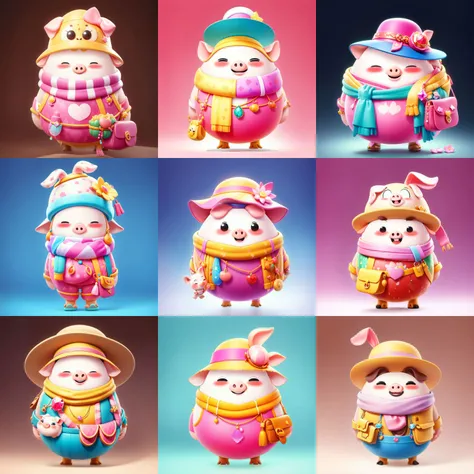 1pig,((RAW photo)),((best quality)),(photo-realistic:1.3),(masterpiece),hat,gems,scarf,jumpsuit,cartoon,4k,a lot of details,smile,crossbody bag,gradient color background,full body,