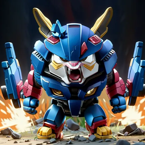 transformers theme,hd picture,1rabbit,((RAW photo)),((best quality)),full body,(photo-realistic:1.3),angry,helmet,mecha,(masterpiece),cartoon,the background is the battlefield of the explosion,4k,a lot of details,