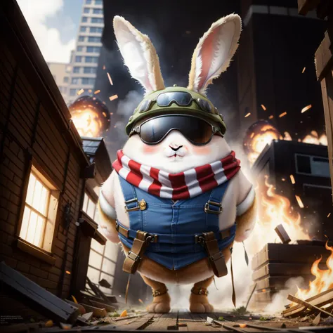 hd picture,1rabbit,full body,((RAW photo)),((best quality)),(photo-realistic:1.3),angry,(masterpiece),sunglasses,suspenders,hat,scarf,cartoon,the background is the battlefield of the explosion,4k,a lot of details,