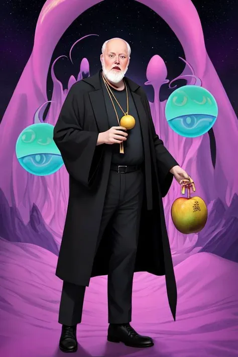 Tarot card design for the magician card with Robert Anton Wilson wearing wizard robes holding a magic wand in one hand and a shiny golden apple with the letter  k  on it in the other, in the desert, in the background a huge translucent pyramid with a gig...