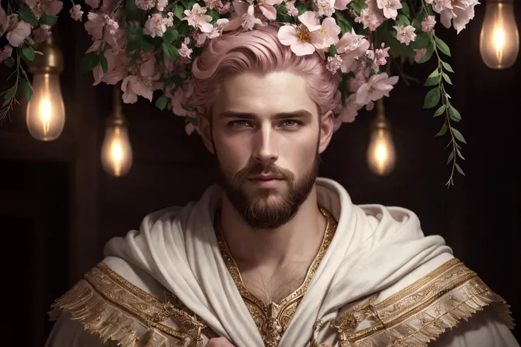 an awarded profesional photography of (1man:1.3) Nordic  with Hazel eyes with  male Low-Temperature Perm hair  hairstyle and short boxed beard in light pink color, dressed as hood, gold pattern, intricate white wizard robe   merry, object hug   in Floral C...