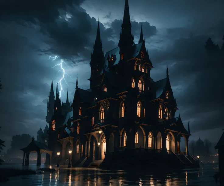 style of John Blanchem scenery picture of a gothic fantasy castle and town, rainy day, pouring rain, lightning, dark fantasy theme, ultra realistic 8k cg, flawless, clean, masterpiece, professional artwork, stormy skies, isometric view, isometric style, ou...