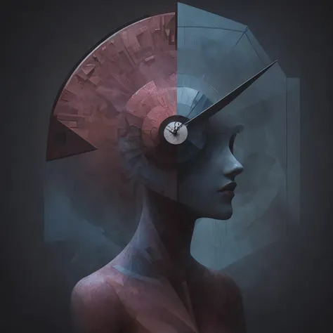 (abstract:1.2) young woman made up of (geometric shapes:1.2), turning into a (zdzislaw beksinski) style clock,