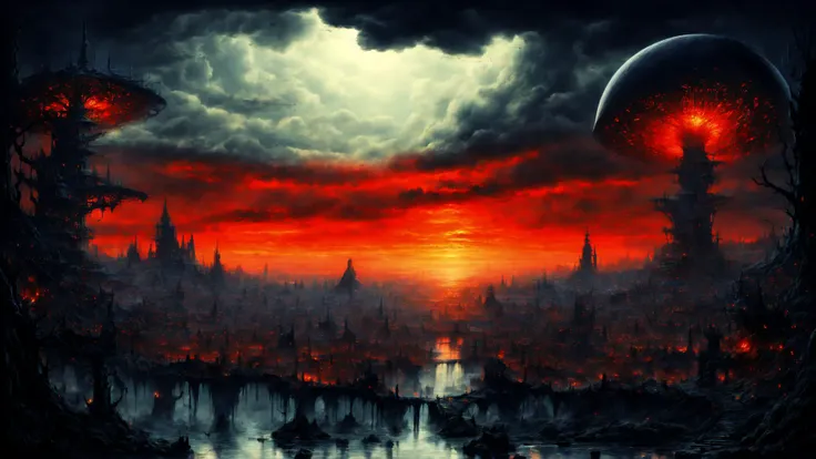 a painting of a city with a red sky and a red moon