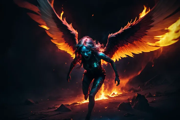 the screaming soul of a corrupted angel hurtling through the astral planes, descending from heaven to hell, leaving a trail of swirling ominous fire in its wake, <lora:add_detail:0.25> <lora:realistic:0.25> <lora:ClothingAdjuster3:-0.25> <lora:waterVFX:0.2...