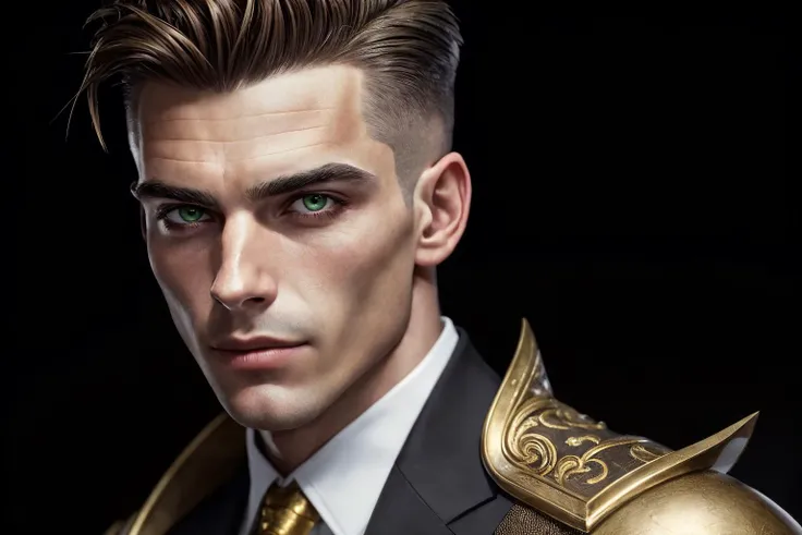 an awarded profesional photography of (1man:1.3) American  with green eyes  with  male quiff hairstyle and clean shaven in Golden Brown color, wearing a suit of armor   fucked silly, head tilt   in classroom ,(epic scene:1.3),ultradetialed character with p...