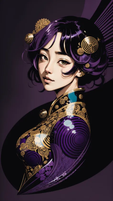 (style of Yuko Shimizu:1.2), abstract art, purple theme, dark theme, 1girl, masterpiece, best quality, ultra high res