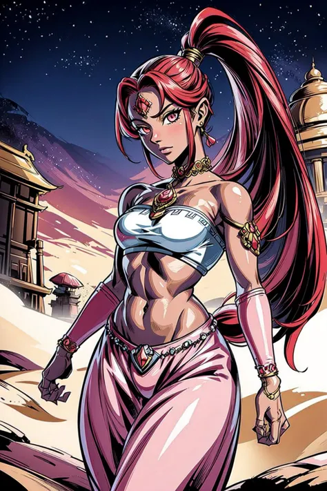 thick outlines, comics, photorealistic, masterpiece:1.2, 1girl, solo, small breasts, <lora:Nabooru_Zelda:0.7>, Nabooru_Zelda, red hair, long ponytail, pink pants, night, desert town, temple, detailed background, detailed face, detailed eyes, <lora:add_deta...