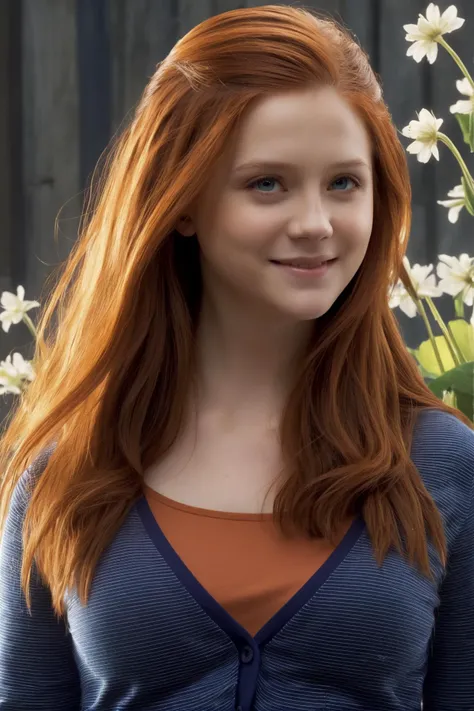 a close up of a woman with long red hair and a blue shirt