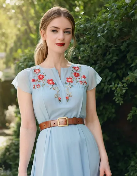 ohwx woman, red lipstick,In a serene garden, amidst blooming flowers and gentle sunlight, a cinematic photo blossoms. Full body shot focus, Photorealistic portrait in breathtaking detail, photo scanned at ultra-high resolution, inspired by Helmut Newton an...