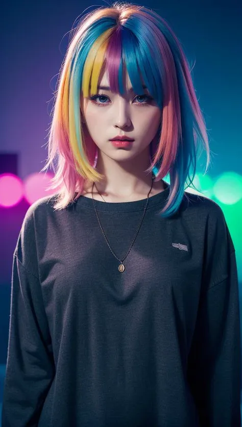 a woman with colorful hair and a black shirt posing for a picture