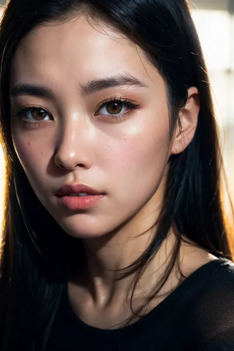 a close up of a woman with long hair and a black shirt