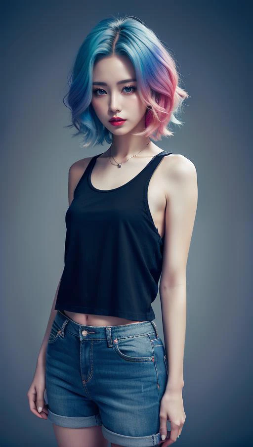 a woman with blue and pink hair wearing a black top