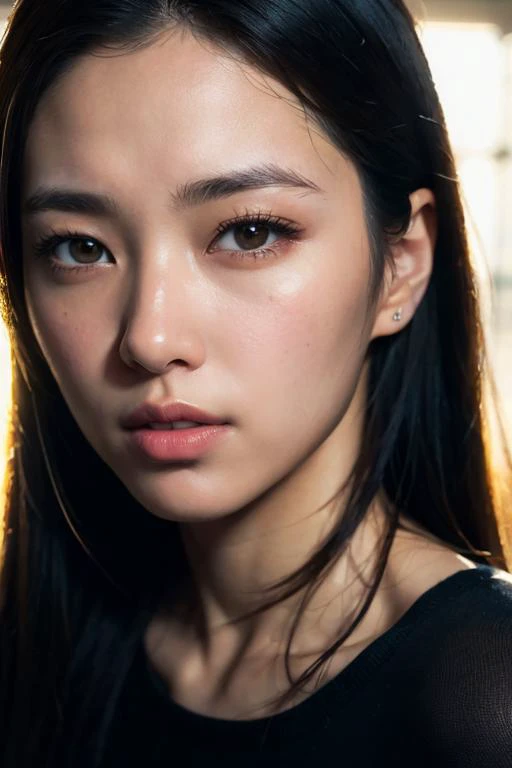 a close up of a woman with long hair and a black top