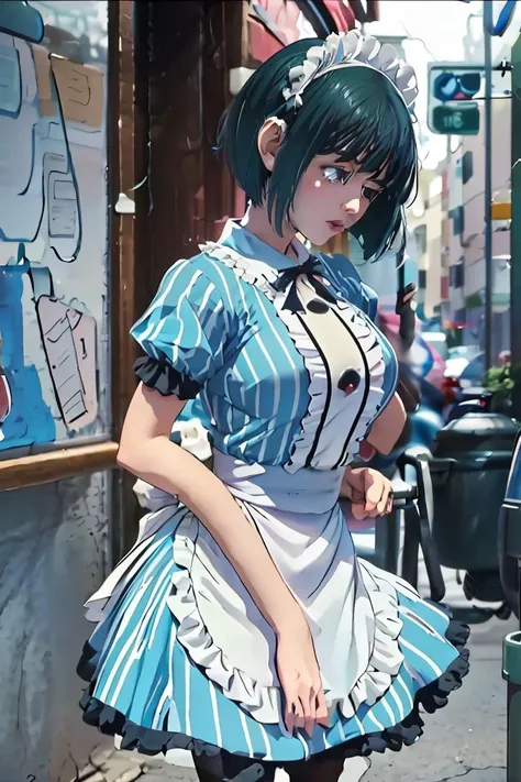 anime girl in a maid outfit standing on a sidewalk