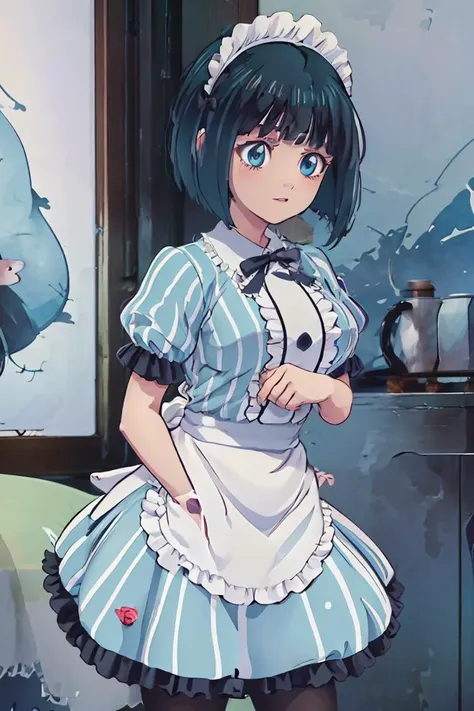 anime character dressed in maid outfit standing in front of a painting