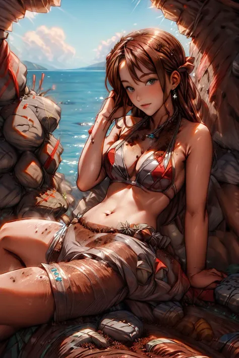 <lora:SoilStonesWorld:1> (SoilStonesWorld:1.3) 1woman (bikini:1.2) (sitting near a rock watching the sea:1.1) <lora:more_details:1> details