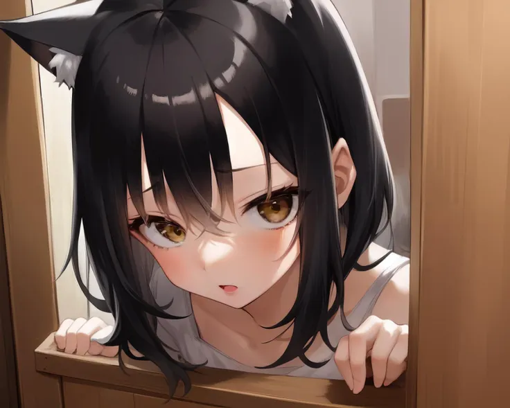 <lyco:yamamoto-nai-lycoris:0.9>
1girl, solo, peeking around corner, cat_ears, forehead, short black hair, yellow eyes, ringed ey...